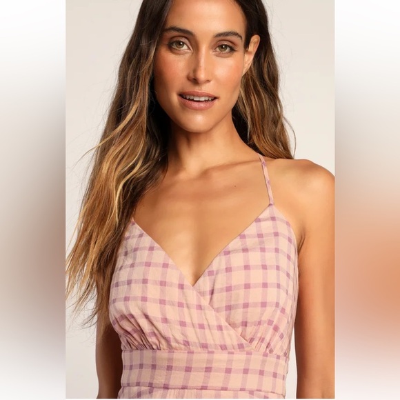 Lulu's Just Checking In Blush Pink Plaid Tiered Tie-Back Mini Dress Size XS - Picture 4 of 12